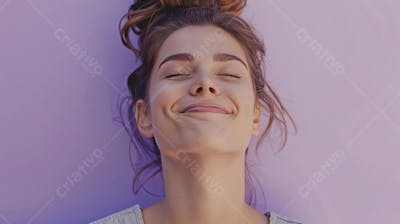 Mulher sorridente expressando alegria com fundo lilás
