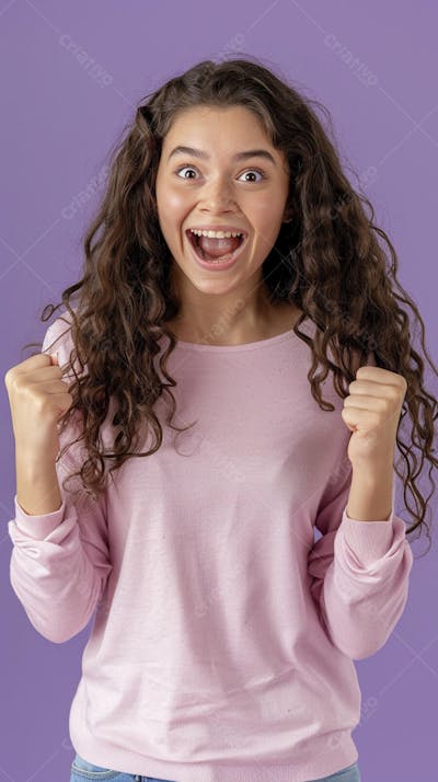 Mulher sorridente expressando alegria com fundo lilás