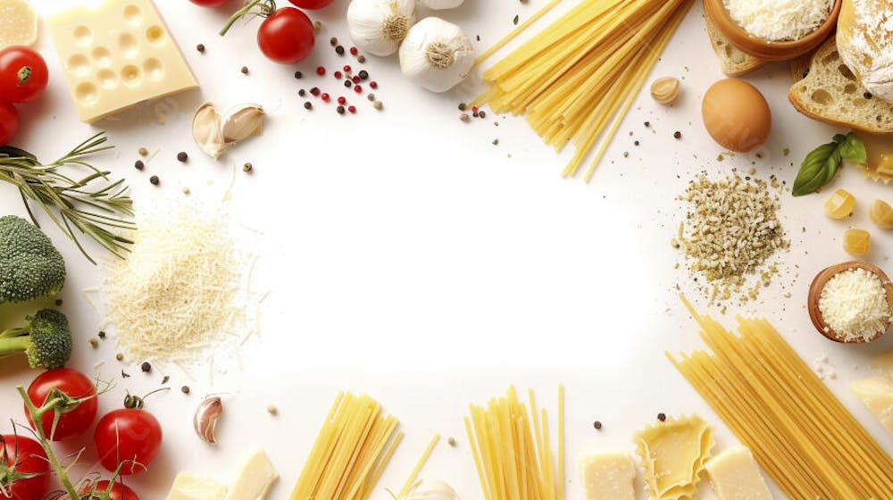 Ingredientes para um prato de espaguete carbonara vistos de cima