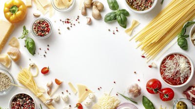 Ingredientes para um prato de espaguete carbonara vistos de cima