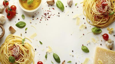 Ingredientes para um prato de espaguete carbonara vistos de cima