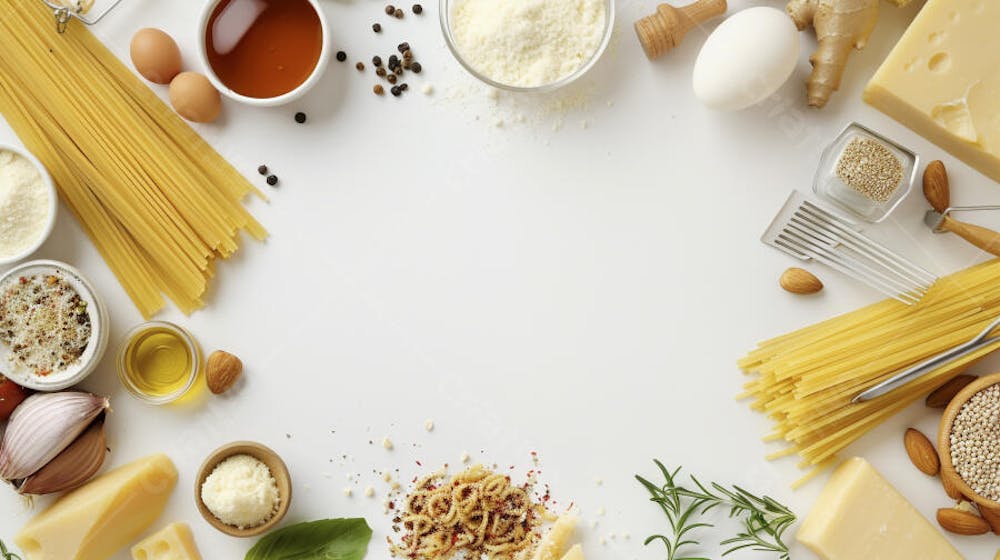 Ingredientes para um prato de espaguete carbonara vistos de cima