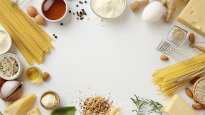 Ingredientes para um prato de espaguete carbonara vistos de cima