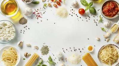 Ingredientes para um prato de espaguete carbonara vistos de cima