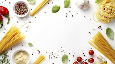 Ingredientes para um prato de espaguete carbonara vistos de cima