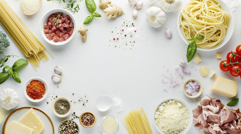 Ingredientes para um prato de espaguete carbonara vistos de cima