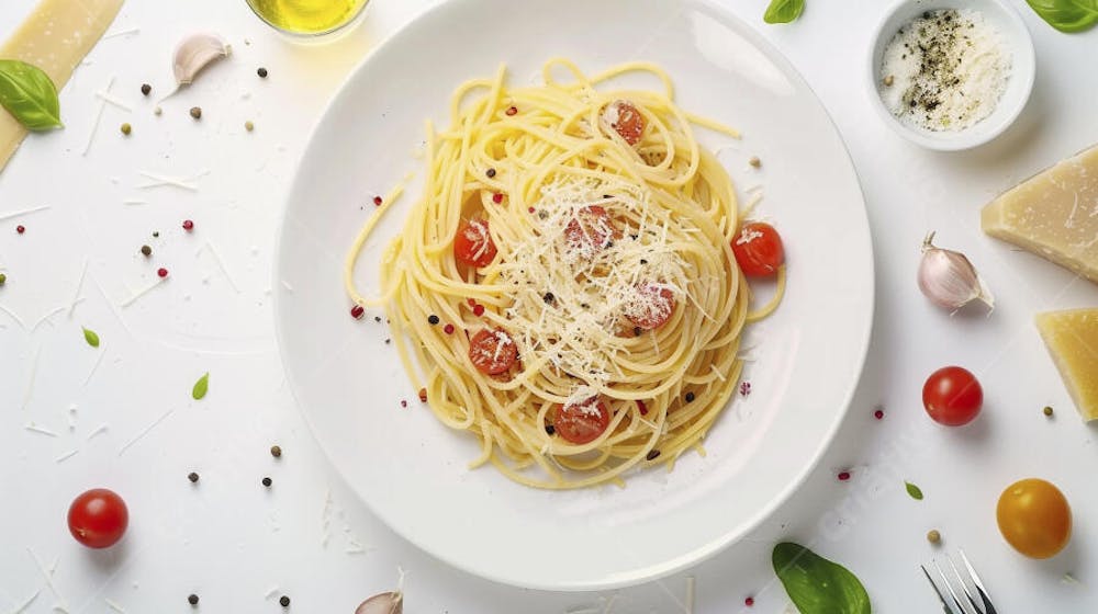 Ingredientes para um prato de espaguete carbonara vistos de cima