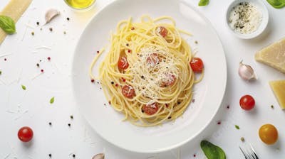 Ingredientes para um prato de espaguete carbonara vistos de cima