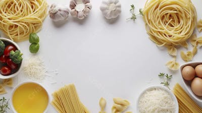 Ingredientes para um prato de espaguete carbonara vistos de cima