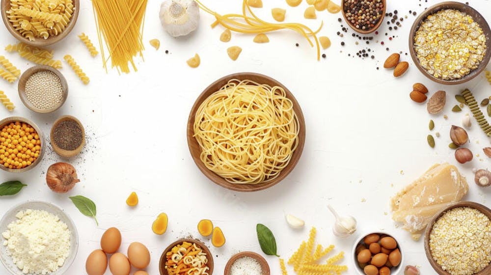 Ingredientes para um prato de espaguete carbonara vistos de cima