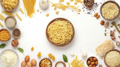 Ingredientes para um prato de espaguete carbonara vistos de cima