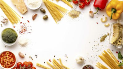 Ingredientes para um prato de espaguete carbonara vistos de cima
