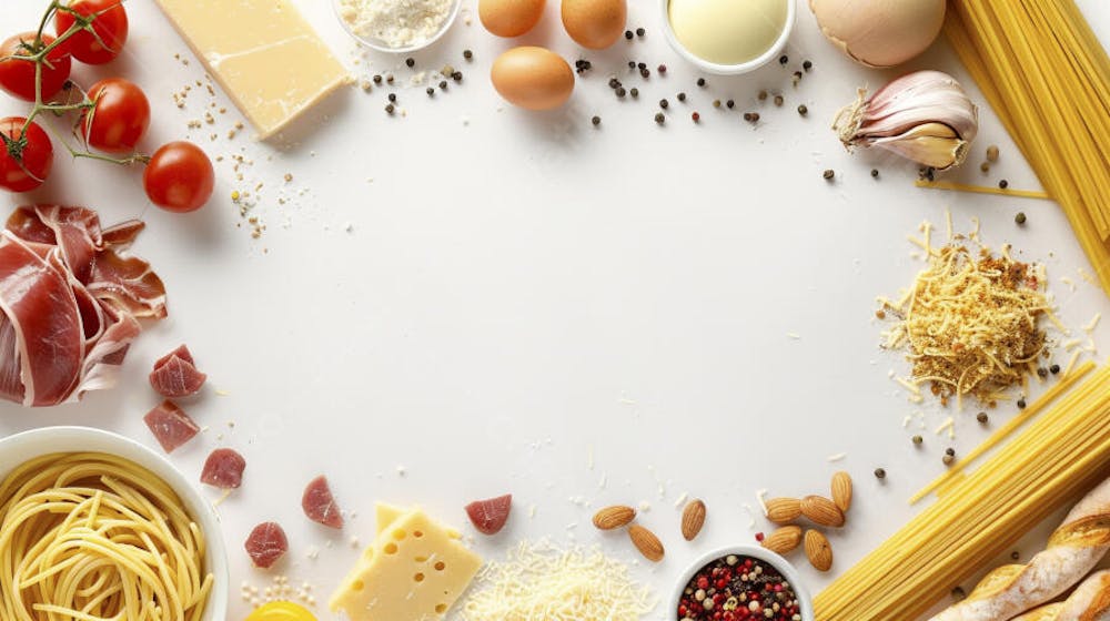 Ingredientes para um prato de espaguete carbonara vistos de cima