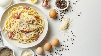 Ingredientes para um prato de espaguete carbonara vistos de cima