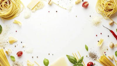 Ingredientes para um prato de espaguete carbonara vistos de cima