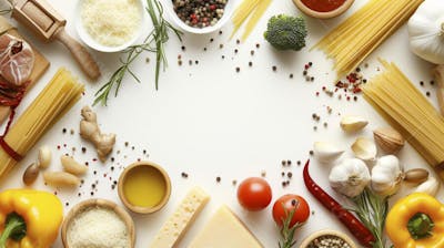 Ingredientes para um prato de espaguete carbonara vistos de cima