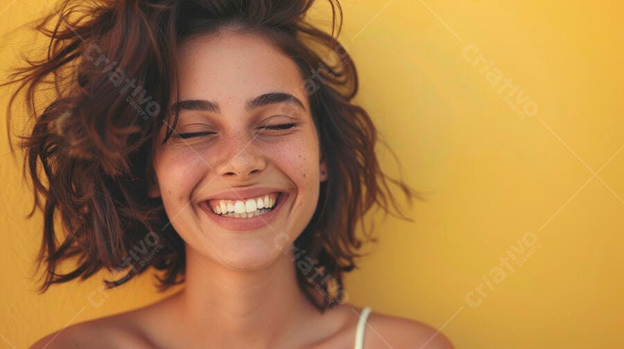 Mulher rindo fundo amarelo cabelo curto