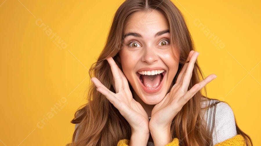 Mulher jovem surpresa fundo amarelo
