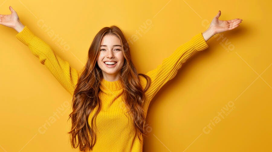 Mulher feliz braços abertos fundo amarelo