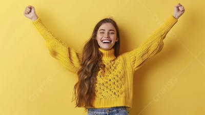 Mulher sorridente expressando felicidade com fundo amarelo