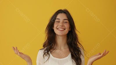 Mulher sorridente expressando felicidade com fundo amarelo