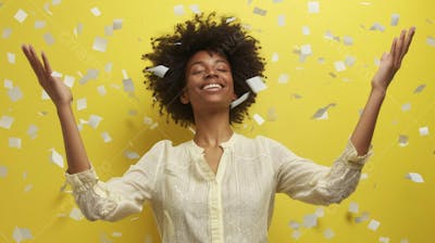 Mulher sorridente expressando felicidade com fundo amarelo
