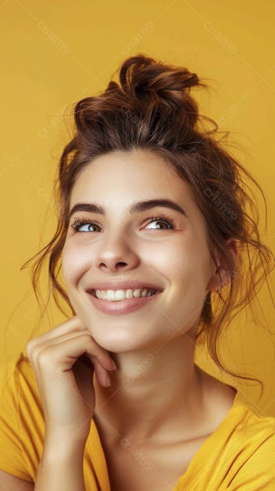 Mulher sorridente expressando felicidade com fundo amarelo