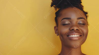 Mulher sorridente expressando felicidade com fundo amarelo