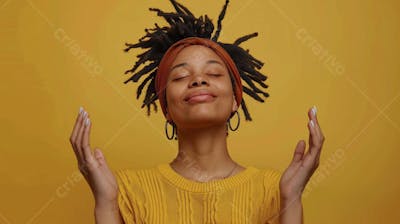 Mulher sorridente expressando felicidade com fundo amarelo