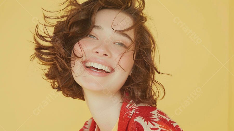 Mulher rindo cabelo ao vento fundo amarelo