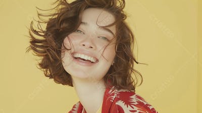 Mulher sorridente expressando felicidade com fundo amarelo