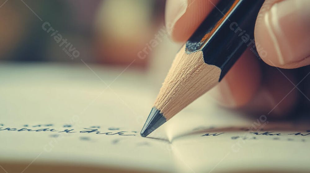 Close-up de um lápis escrevendo em papel com foco suave