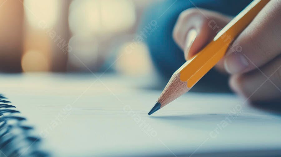 Mão escrevendo com lápis amarelo em caderno