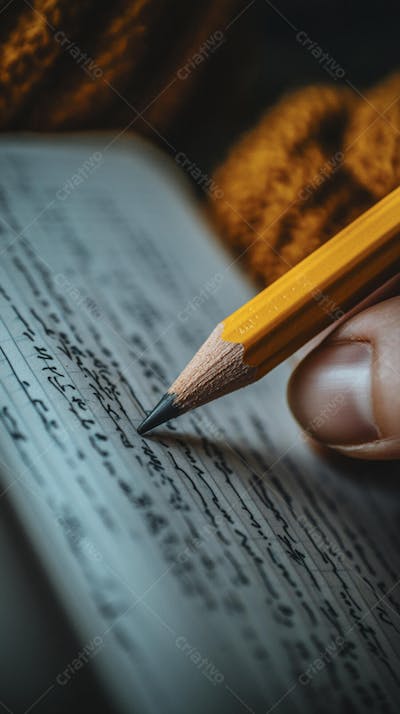 Close-up de um lápis escrevendo em papel com foco suave