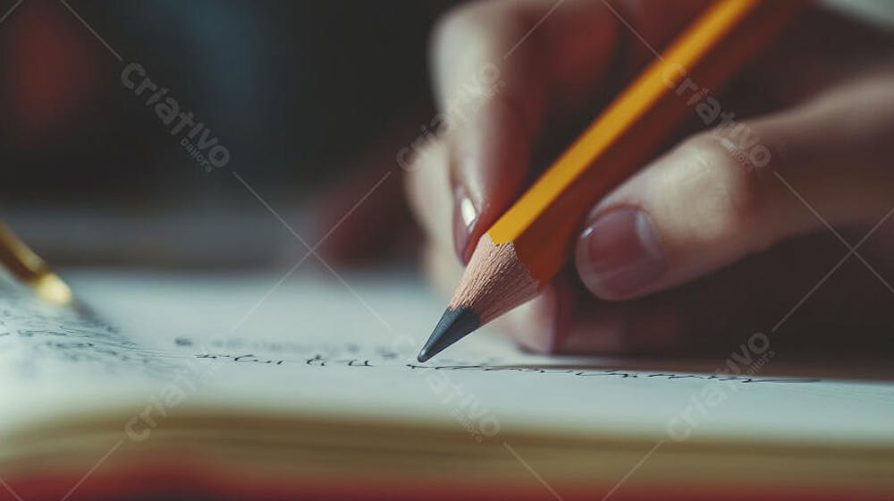 Close-up de um lápis escrevendo em papel com foco suave