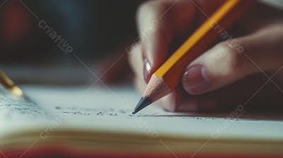 Close-up de um lápis escrevendo em papel com foco suave