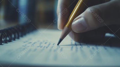 Close-up de um lápis escrevendo em papel com foco suave
