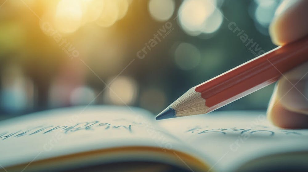 Close-up de um lápis escrevendo em papel com foco suave