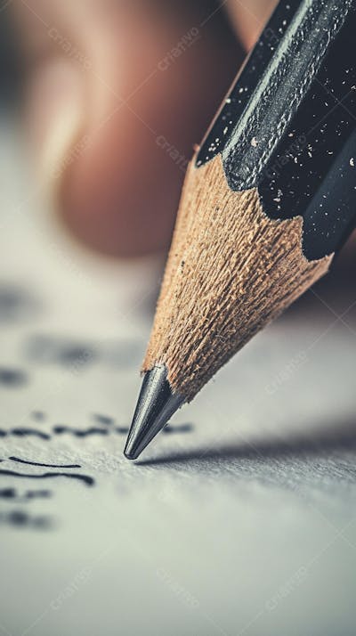 Close-up de um lápis escrevendo em papel com foco suave