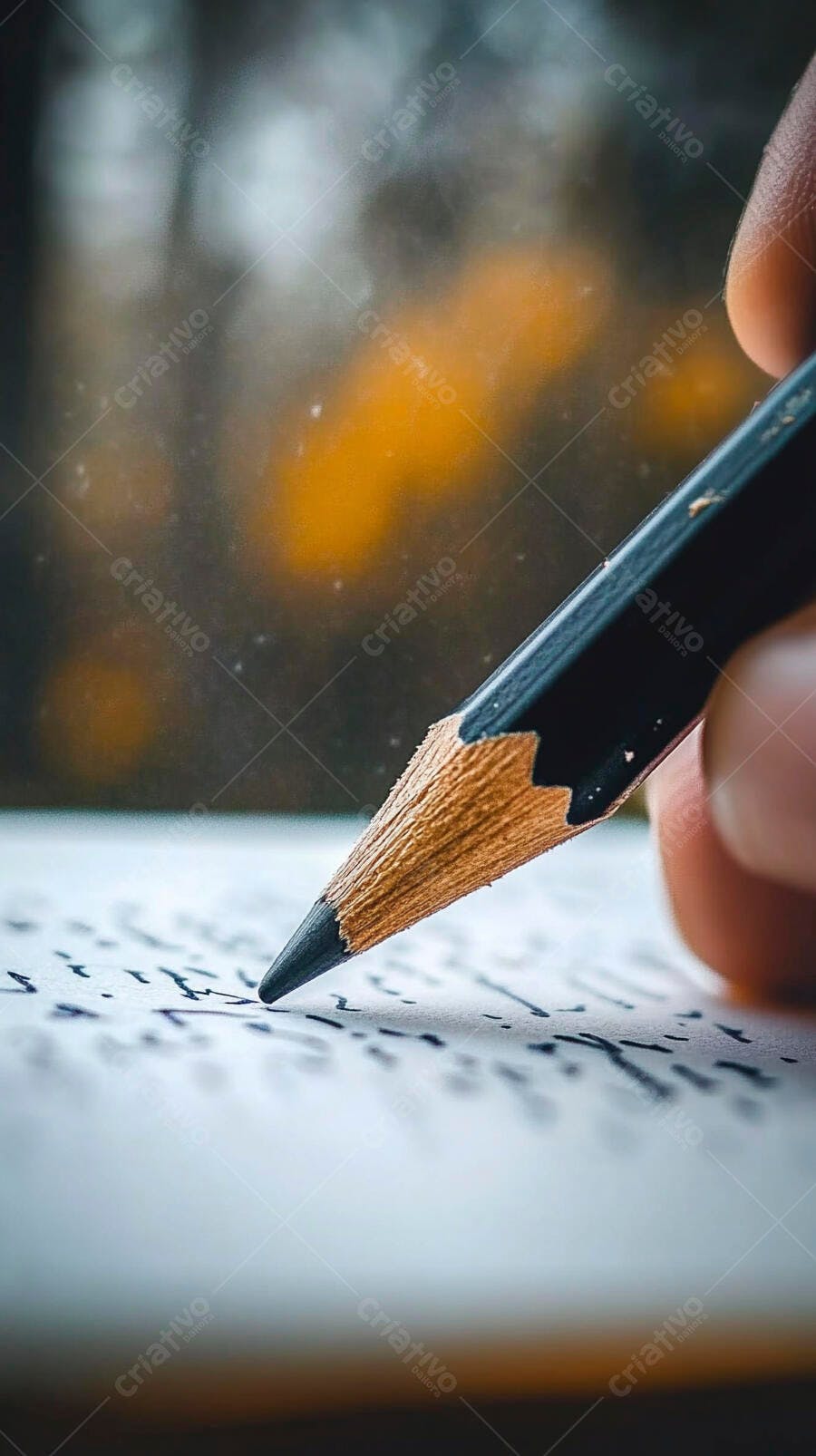 Lápis escrevendo em caderno fundo desfocado