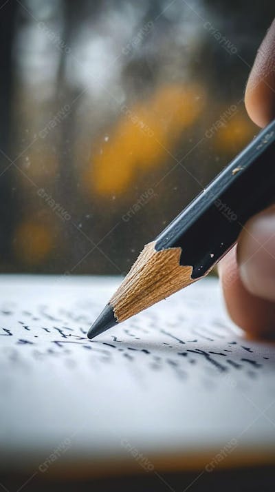 Close-up de um lápis escrevendo em papel com foco suave