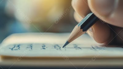 Close-up de um lápis escrevendo em papel com foco suave