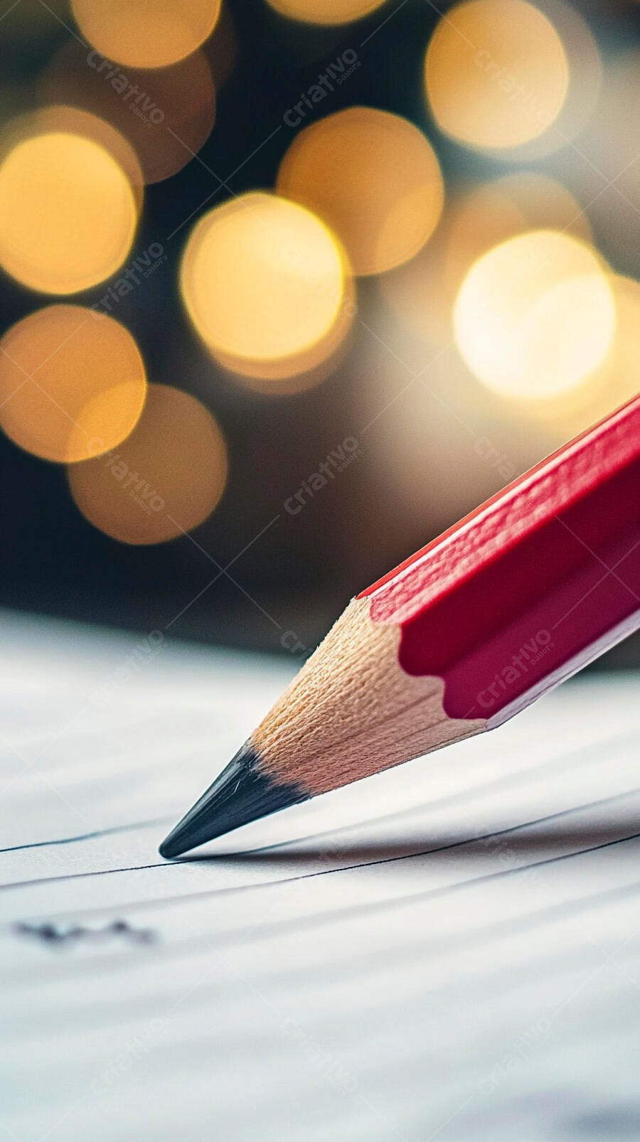 Lápis vermelho sobre papel linhas fundo dourado