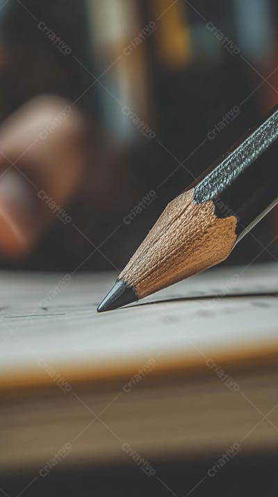 Close-up de um lápis escrevendo em papel com foco suave