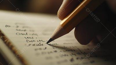 Close-up de um lápis escrevendo em papel com foco suave