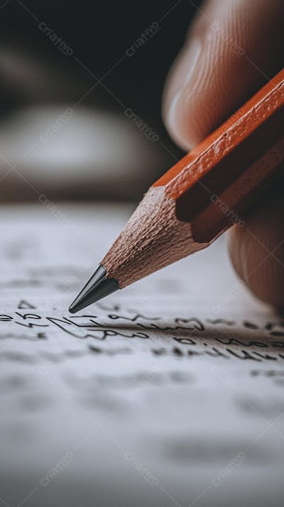 Close-up de um lápis escrevendo em papel com foco suave