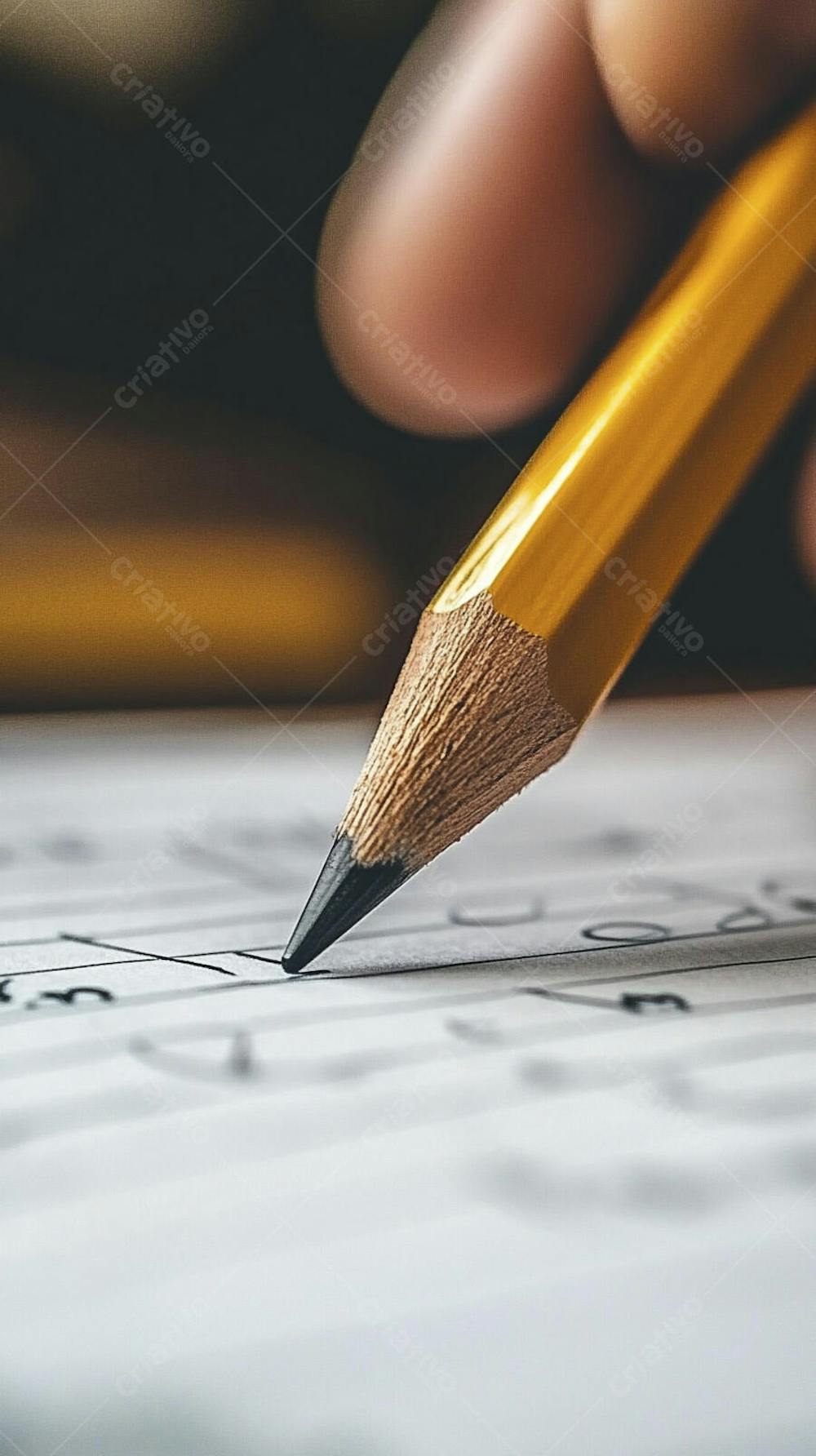 Close-up de um lápis escrevendo em papel com foco suave