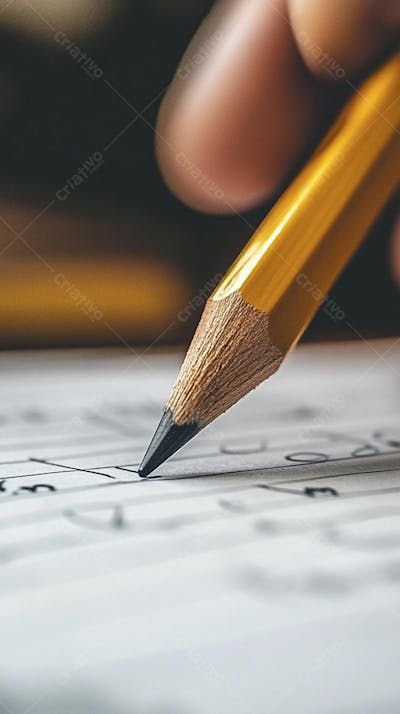 Close-up de um lápis escrevendo em papel com foco suave
