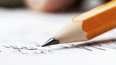 Close-up de um lápis escrevendo em papel com foco suave
