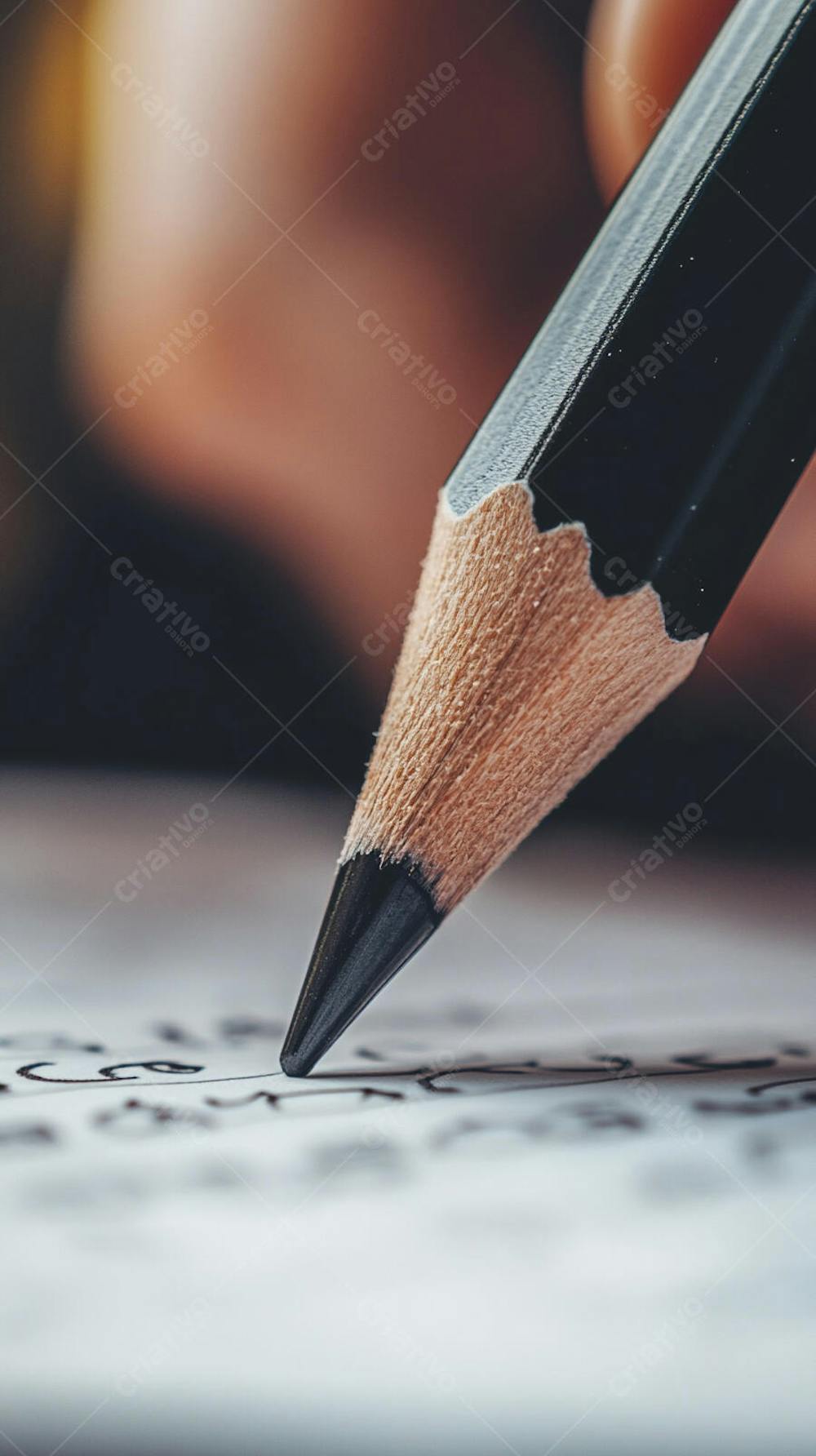 Close-up de um lápis escrevendo em papel com foco suave